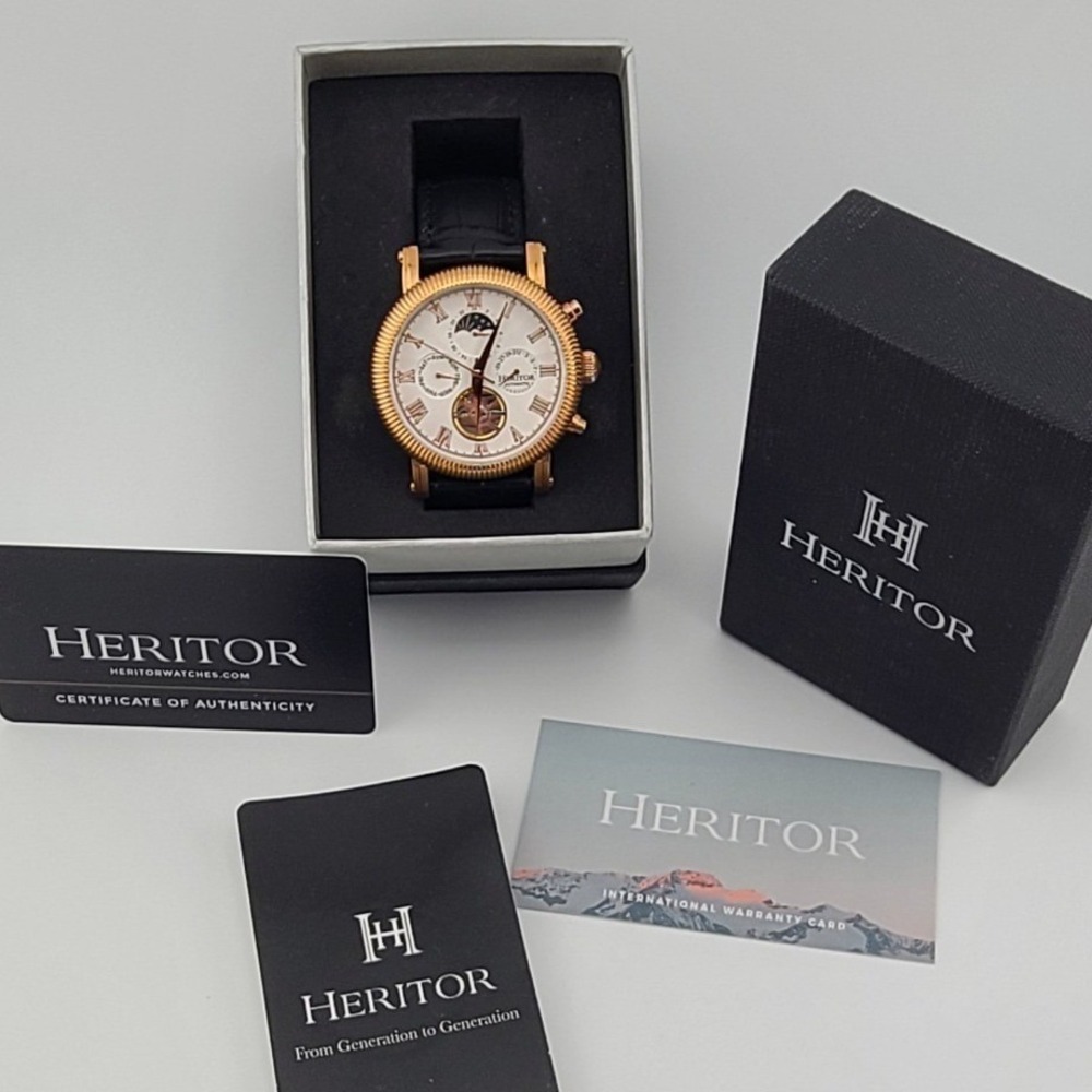 Heritor Automatic Rose Gold Men's Watch Sun Moon Phase Leather HR2101